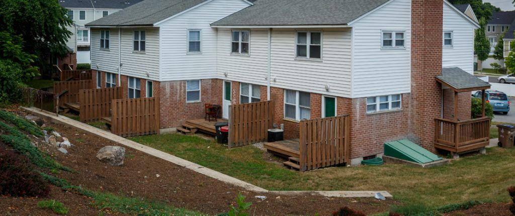 Behind the housing units show semi-private, rear entrances with small raised porches. A set of Bilco doors sit on one side.