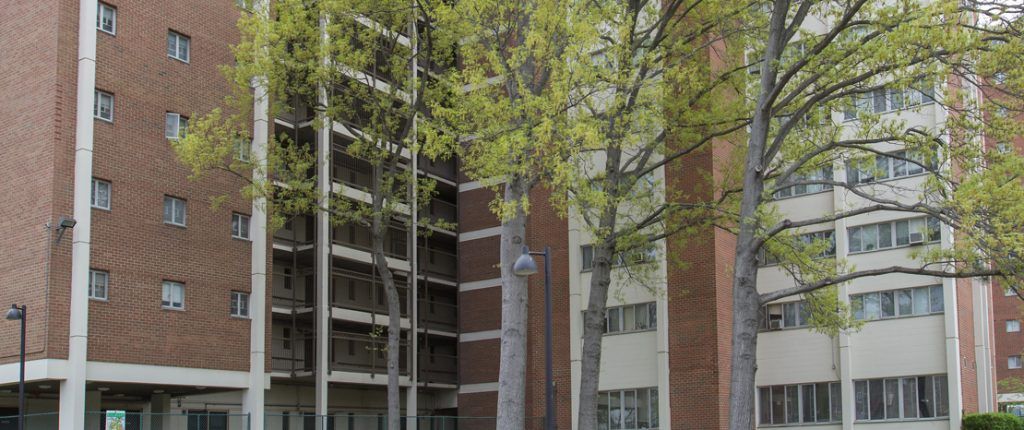 Trees, street lamps, and exterior lights are outside the building. Some of the many windows have window AC units installed.