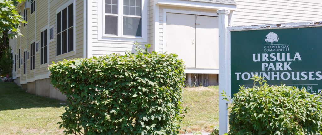 The wooden sign for Ursula Park sits among some small shrubs and reads Ursula Park Townhouses.