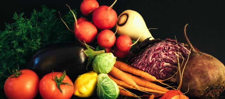 A bountiful harvest of fresh fruits and vegetables, including tomatoes, carrots, radishes, and more.