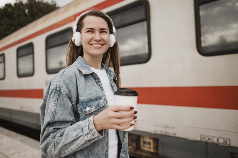 Smiling young woman wearing headphones and holding a coffee cup while standing on a train platform in front of a commuter train.